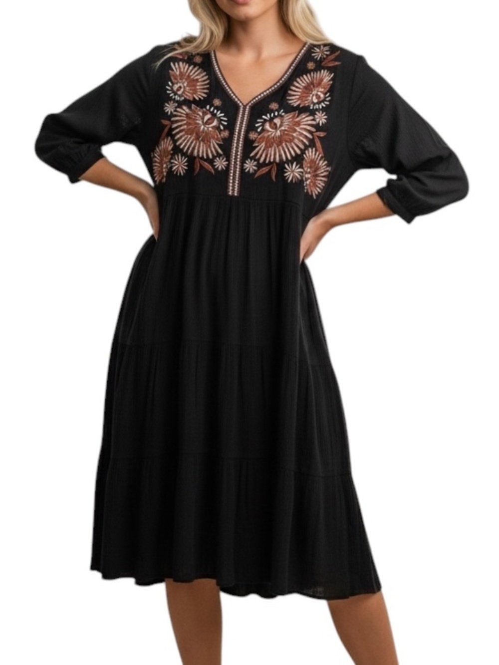 Nurture By Westbound Bohemian Embroidered Long Sleeve Midi Dress Size Large NWT